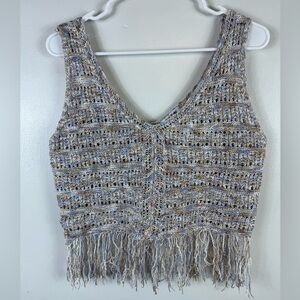 Love Knits Sweater Vest Fringe Boho Hippie Large Cropped Multicolor Neutral